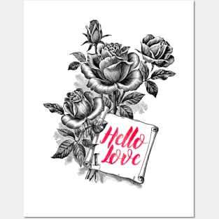 Black Rose Flowers Vintage Botanical Illustration with Text: Hello Love Posters and Art